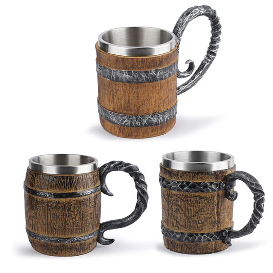 Wooden Barrel Beer Cup Stainless Steel Coffee Mug Viking Style Vintage Beer Mug Double Wall Drinking Cup Halloween Bar Drinkware