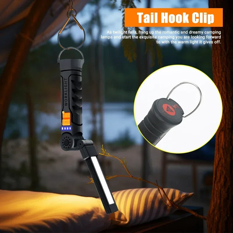 USB Rechargeable COB LED Flashlight Work Light Magnetic Torch Portable Hanging Lamp with Built-in Battery Camping Torch