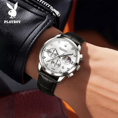 PLAYBOY 3035 Brand original authentic watches for man luxury Gift Box fashion Belt chronograph calendar quartz men's watch