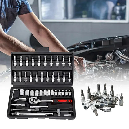 46pcs Family Tools 1/4 Inch Drive Socket Ratchet Wrench Set Complete Car Repair Kit for Motorcycle and Bicycle Maintenance Tools