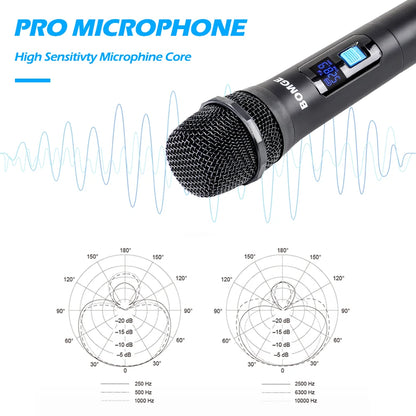 BOMGE 4 channel wireless microphone System Cordless Mic Set With Four Handheld Mics Fixed Frequency, Long Range 200ft