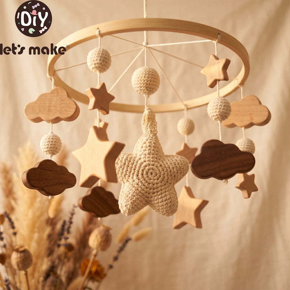 Starry Sky Crib Mobile 360 Degree Rotation Baby Toys Wooden Stars Mobile Rattle Toys Moon Bed Bell Sensory Baby Hanging Toys