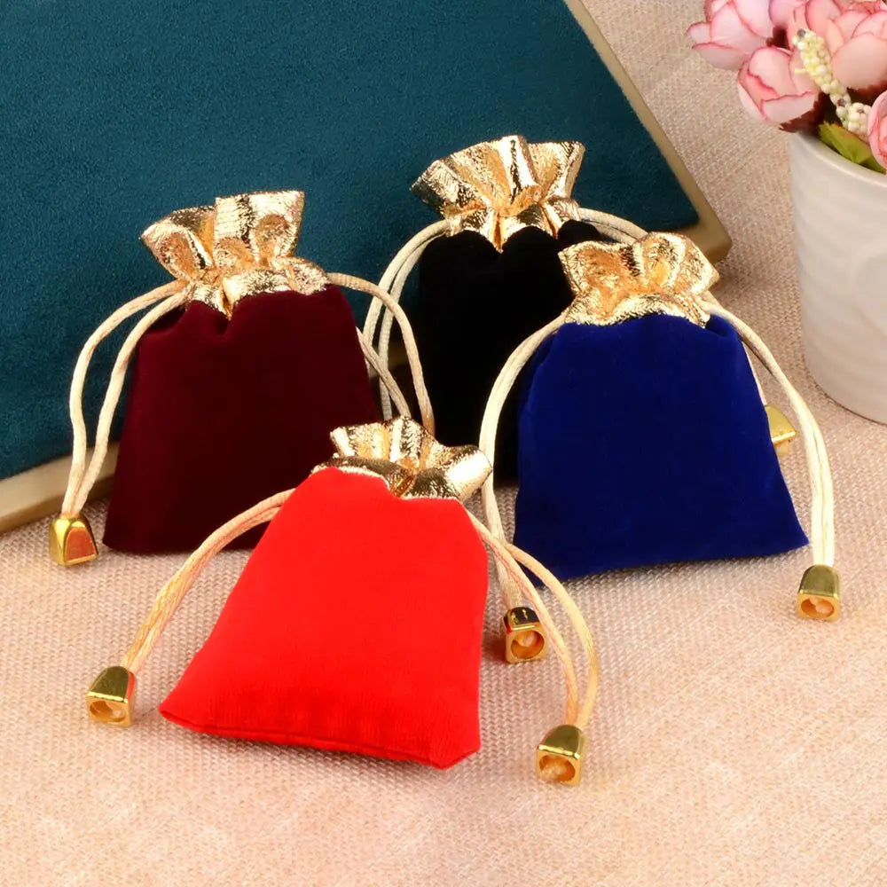 25/50pcs/Lot Golden Color Edge Velvet Jewelry Gift Bag 5x7 7x9 9x12cm Drawstring Wedding Display Sweets Packing Bag Wholesale