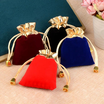 25/50pcs/Lot Golden Color Edge Velvet Jewelry Gift Bag 5x7 7x9 9x12cm Drawstring Wedding Display Sweets Packing Bag Wholesale