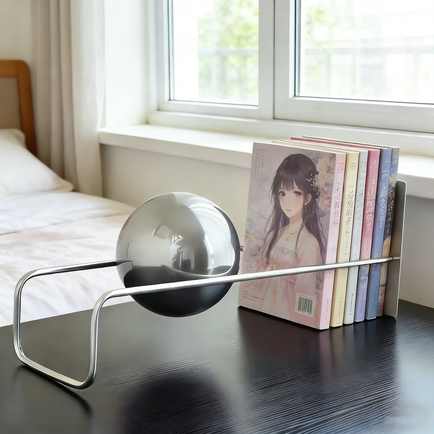 Mid-Century Modern Gravity Ball Book Holder, Bauhaus Inspired Desktop Organizer, Stylish Magazine Rack for Home Office