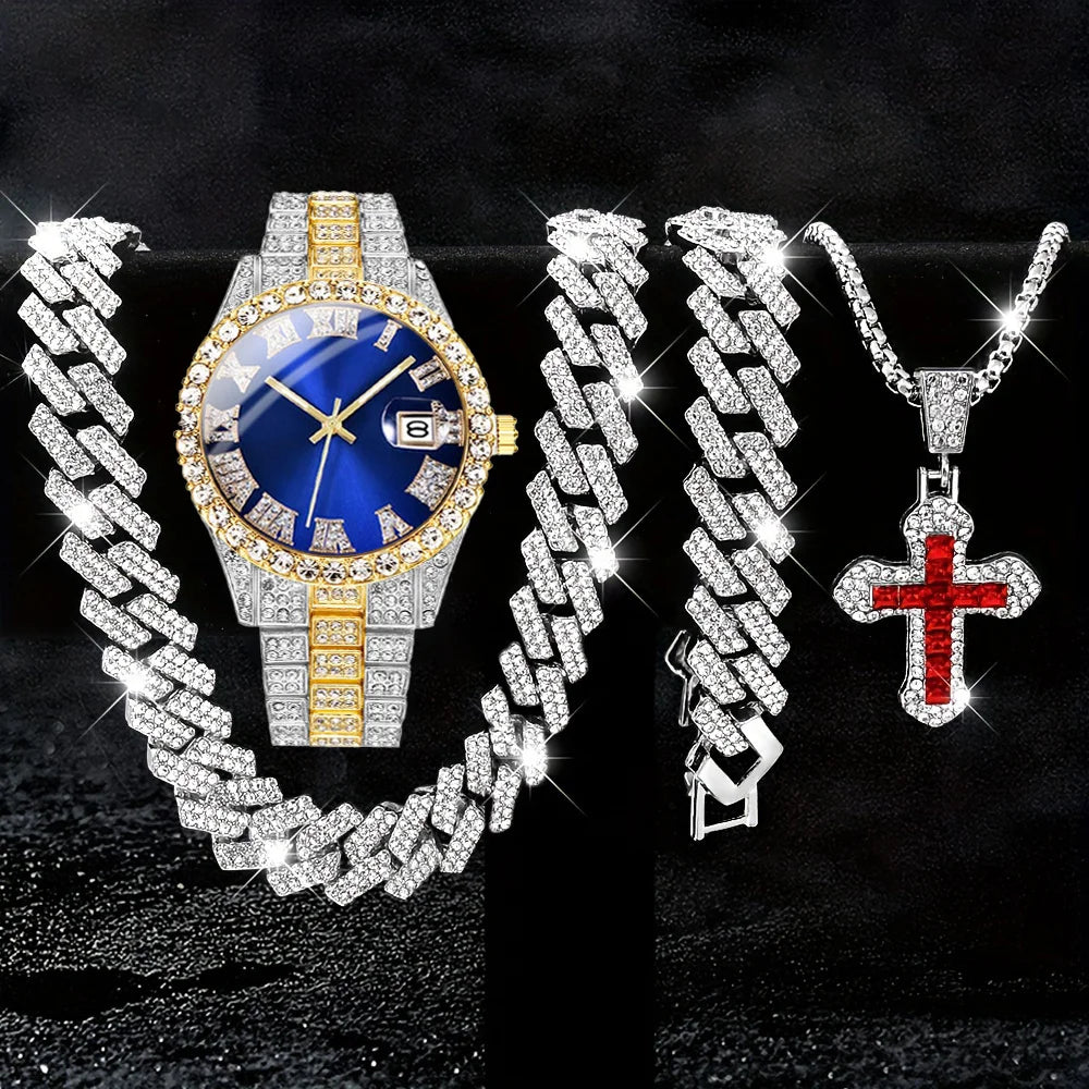 4pcs/set, Business Luxury Men's Rhinestone Watch Jewelry Set, Classic Silvery Men Quartz Calendar Wrist Watch - Gifts for Men,