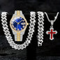 4pcs/set, Business Luxury Men's Rhinestone Watch Jewelry Set, Classic Silvery Men Quartz Calendar Wrist Watch - Gifts for Men,