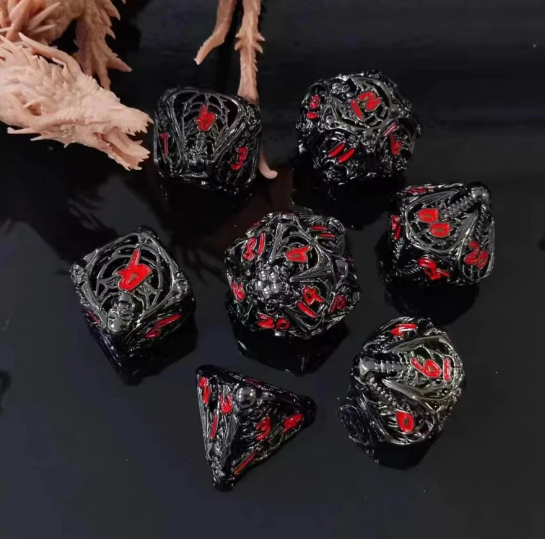 7 Pcs Cosplay D4-D20 DND Brass Gold Polyhedral Sharp Edge Casino Dice Rpg Table Board Game Tray Gem Stone Dragon Metal Steel Set
