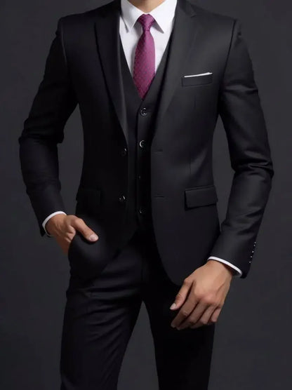 Suit (Blazer+ Vest + Trousers) Men's Fashionable Gentleman Business British Style Solid-color Banquet Host Casual Wedding Suit