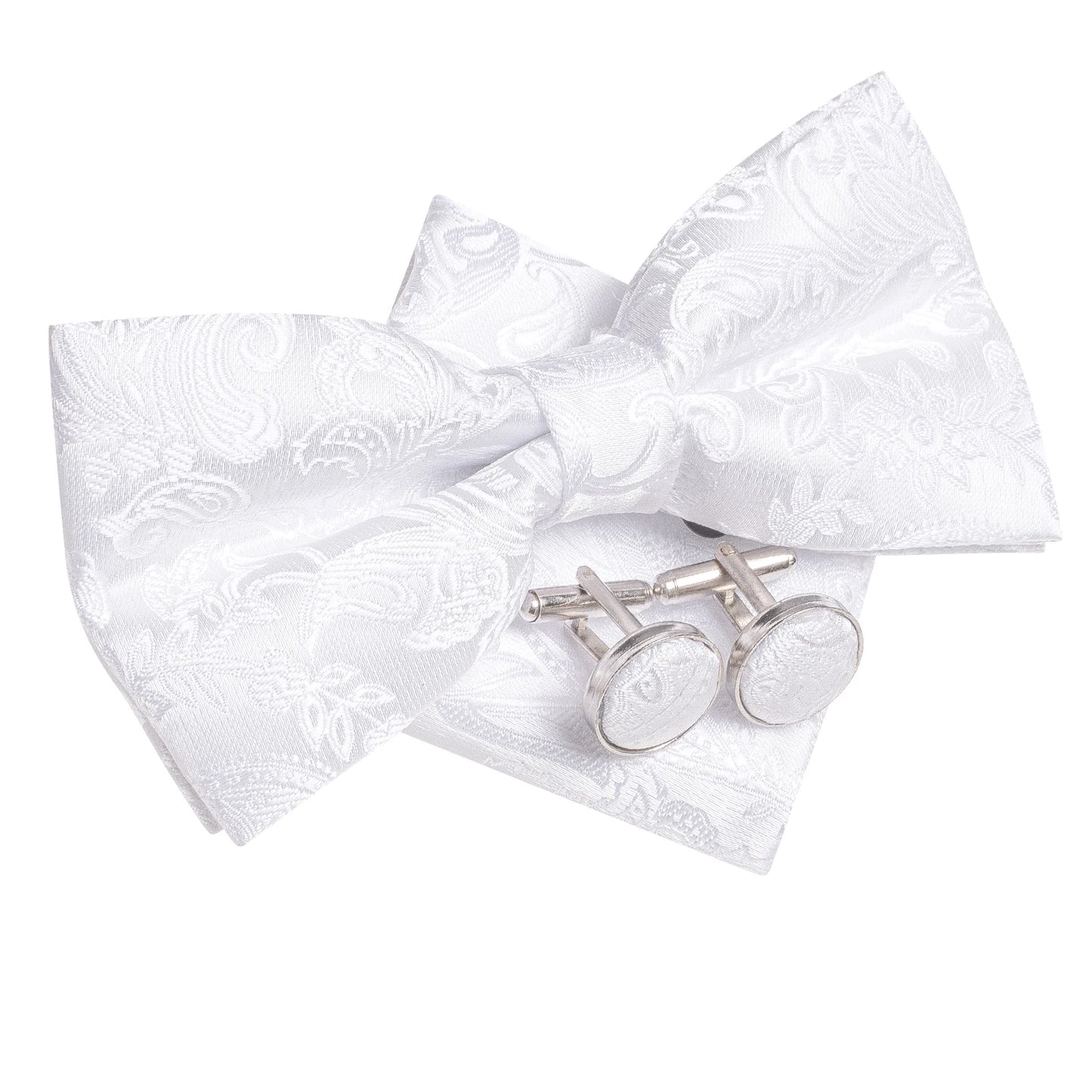 Hi-Tie Mens Bow Tie Hanky Cufflinks Set White Black Gray Silver Pre-tied Butterfly Knot Bowtie for Male Wedding silk Business