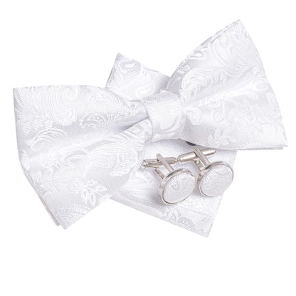 Hi-Tie Mens Bow Tie Hanky Cufflinks Set White Black Gray Silver Pre-tied Butterfly Knot Bowtie for Male Wedding silk Business