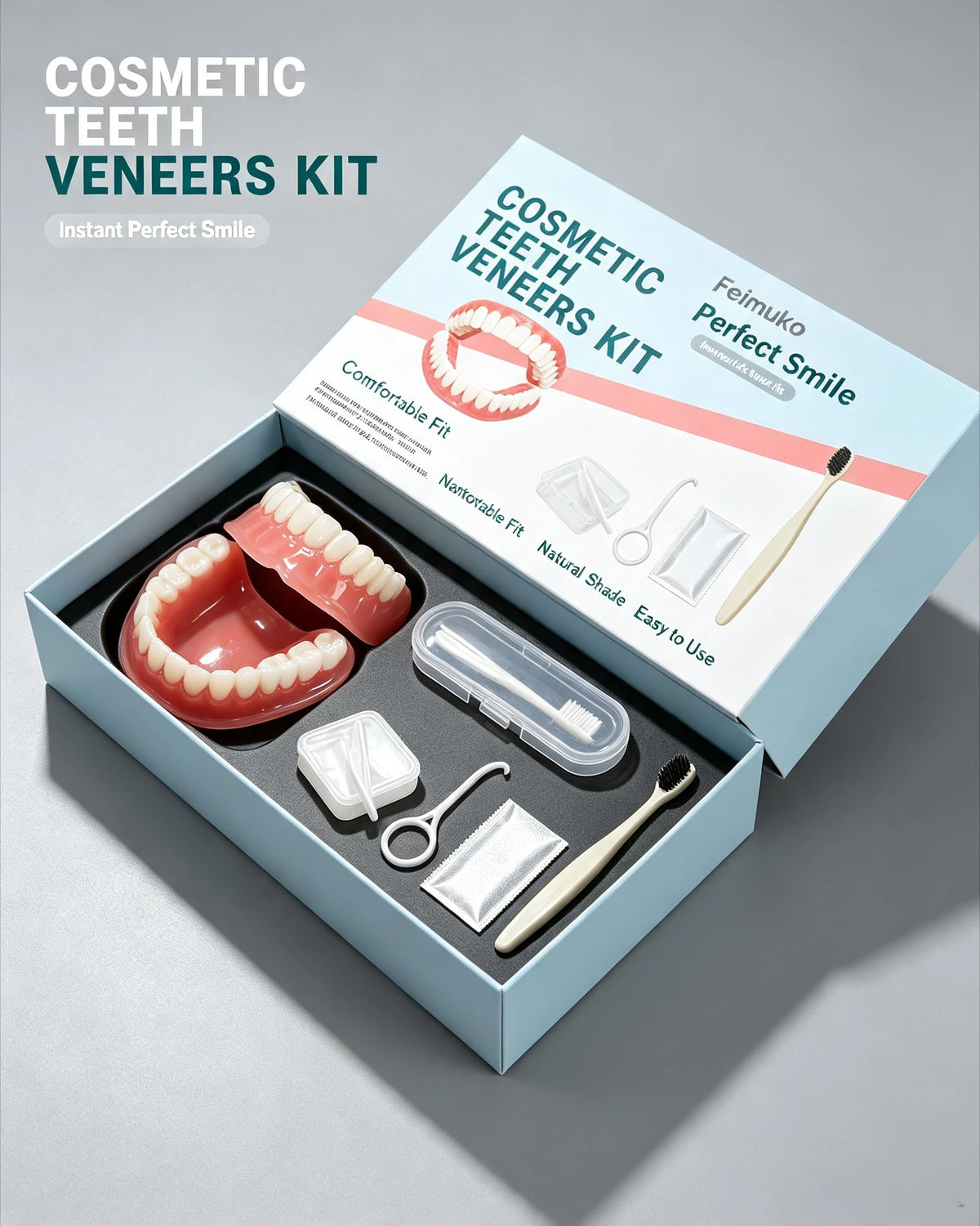 Silicone denture set, ivory colored dentures, instantly burst into a confident smile, comes with a toothbrush and tweezers