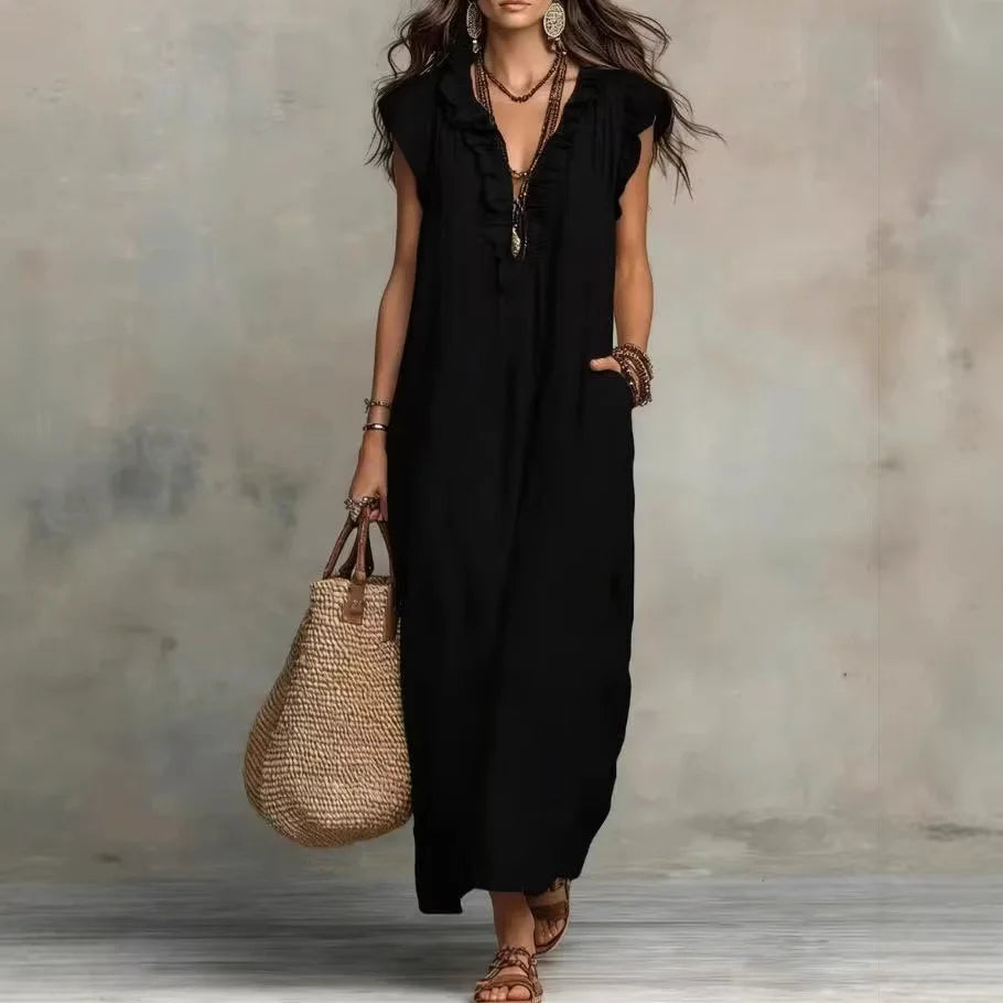 2026 Summer Women Boho Cotton Linen Maxi Dress Solid Color Ruffle V Neck Sleeveless Loose Long Dresses With Pockets Casual Beach