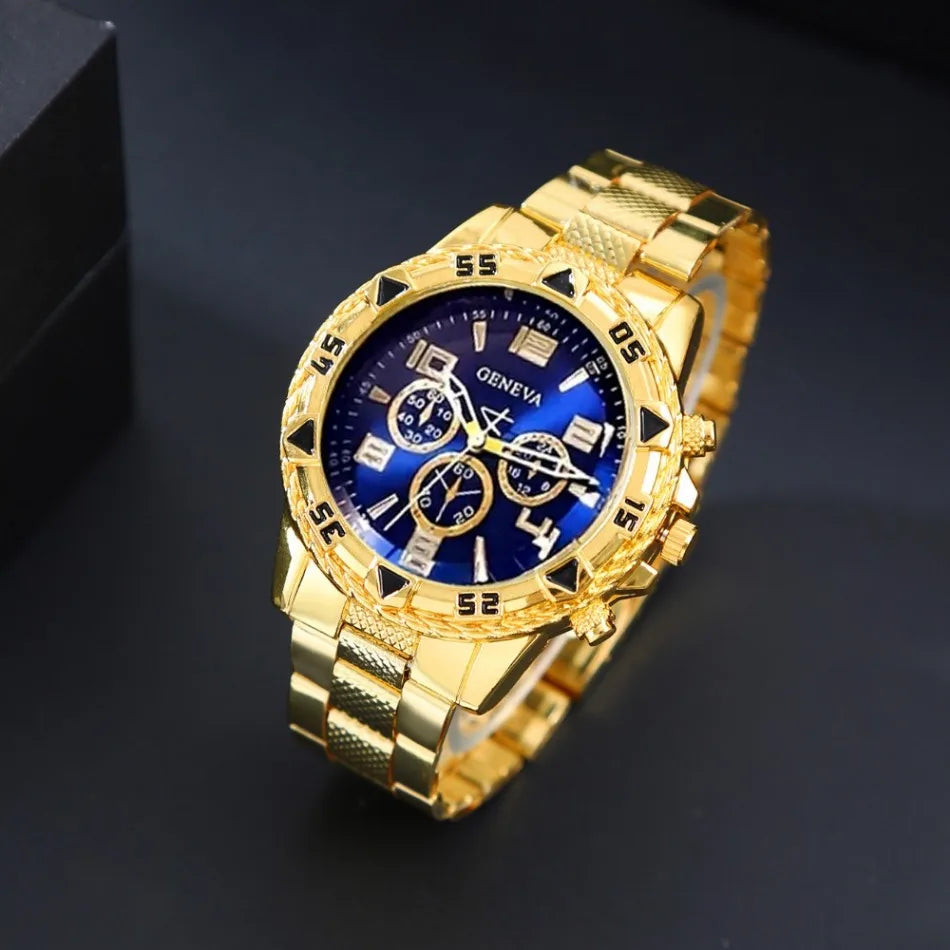 4 Pcs/Set Fashion Men's Watches  Alloy Men Quartz Wrist Watch Casual Business Mens Clock Necklace Bracelet Ring Set