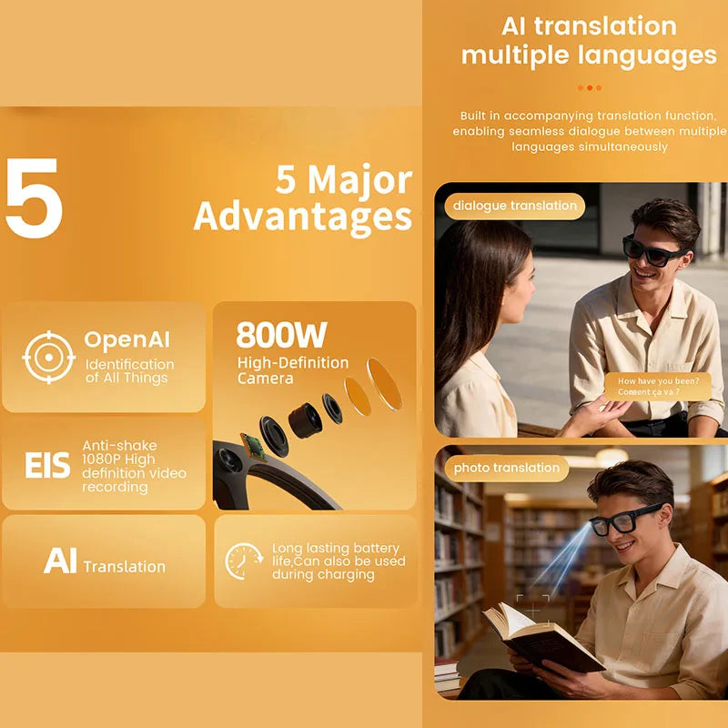 2026 New Smart Glasses 800W HD Camera AI All Things Recognition Recording and Video Calling Real-time Translation Smart Glasses