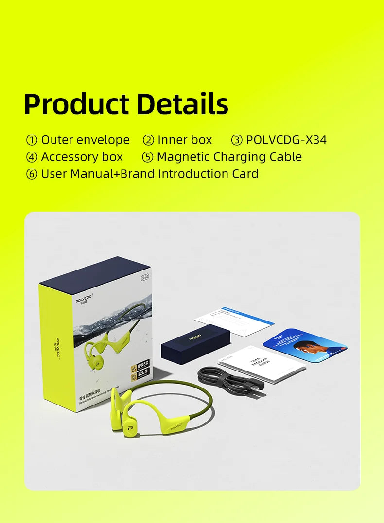 POLVCDG x34 Bone Conduction Swimming Earphones 32GB Memory IPX8 Waterproof Outdoor Trail Running ClimbingRock Climbing Earphones
