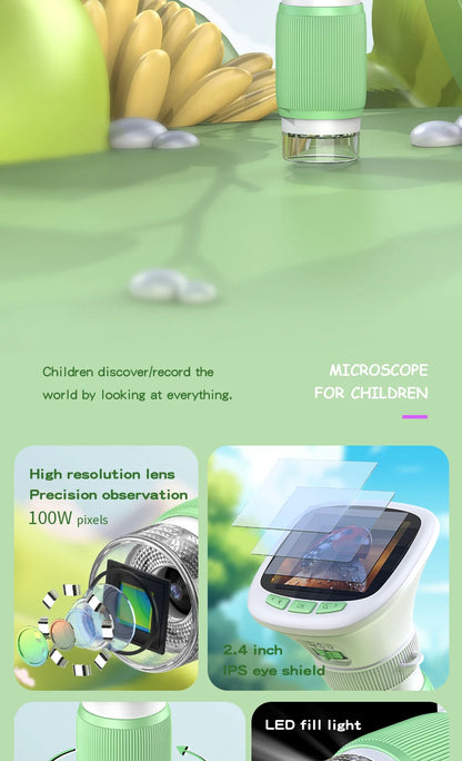 Kids Handheld Microscope with 2.4 Inch IPS HD Screen, 200X & 1000X Magnification, Photo/Video Recording, for Children Ages 6-12