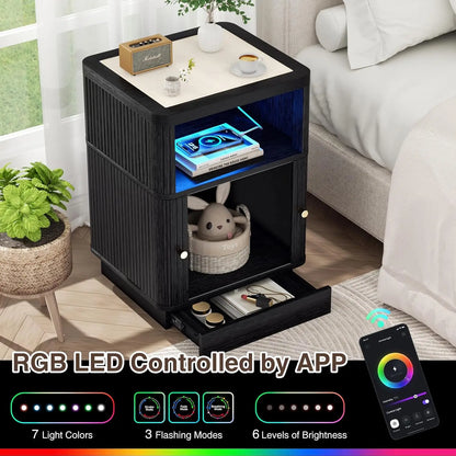 Night Stand With Charger Station, Modern Nightstand Set Of 2 With Hidden Drawer, Saddle Leather Top, Smart LED, And, Customized