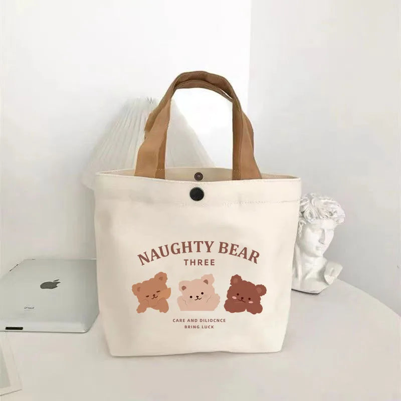 Little Bear Canvas Bag, Female Printed Versatile, Student Portable, Office Handbag, Bento Bag, Handbag, Sail Bag