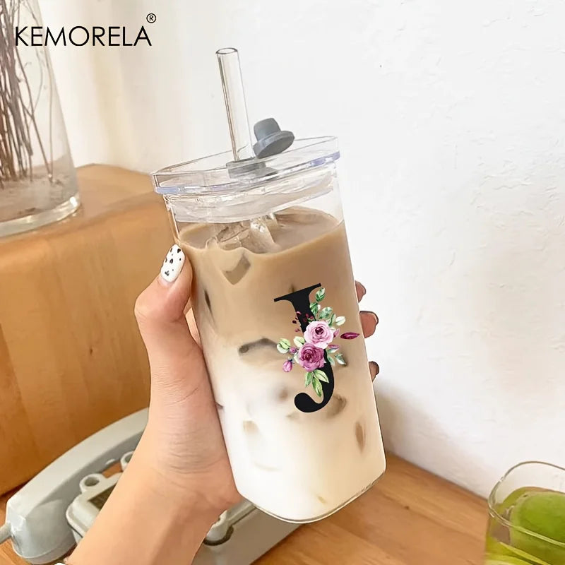 1PCS 24 Letter-Shaped Glass Tumblers with Lid And Straw Coffee Tumbler 300ML Clear Square Drinking Tumbler For Coffee Beer Milk