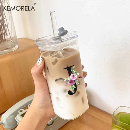 1PCS 24 Letter-Shaped Glass Tumblers with Lid And Straw Coffee Tumbler 300ML Clear Square Drinking Tumbler For Coffee Beer Milk