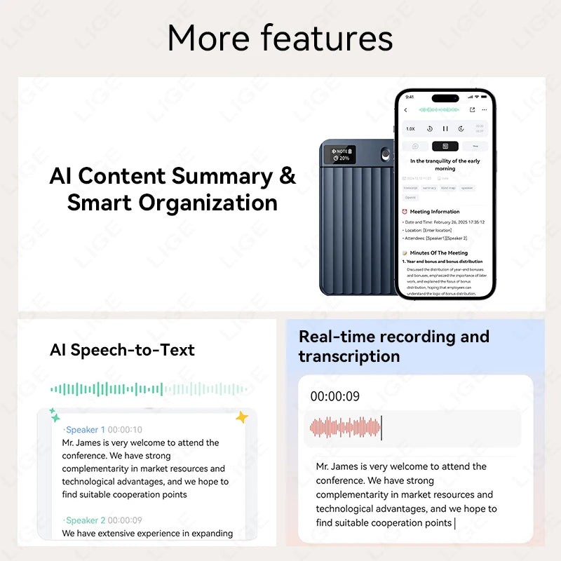 LIGE AI Voice Recorder GPT Intelligent APP Control Audio Mind Map Real Time Transcription Translate Summary Phone Call Recording