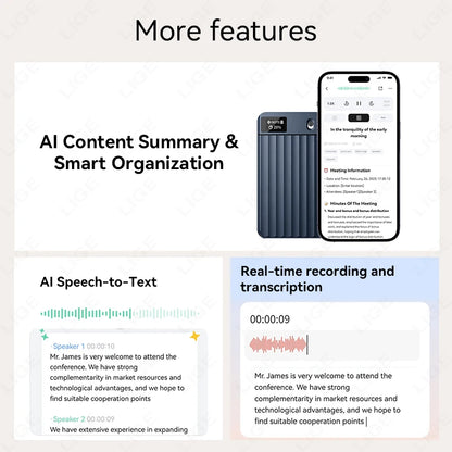 LIGE AI Voice Recorder GPT Intelligent APP Control Audio Mind Map Real Time Transcription Translate Summary Phone Call Recording