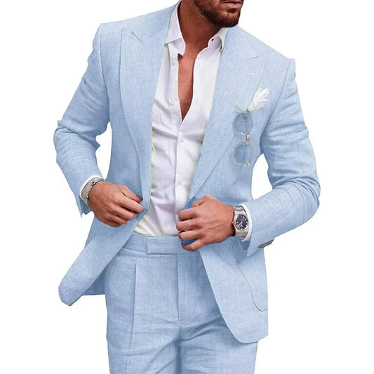 Mens Linen Suit for Beach Wedding Slim Fit 2 Piece Wedding Tuxedo for Men Casual Linen Suit Prom Party Suit