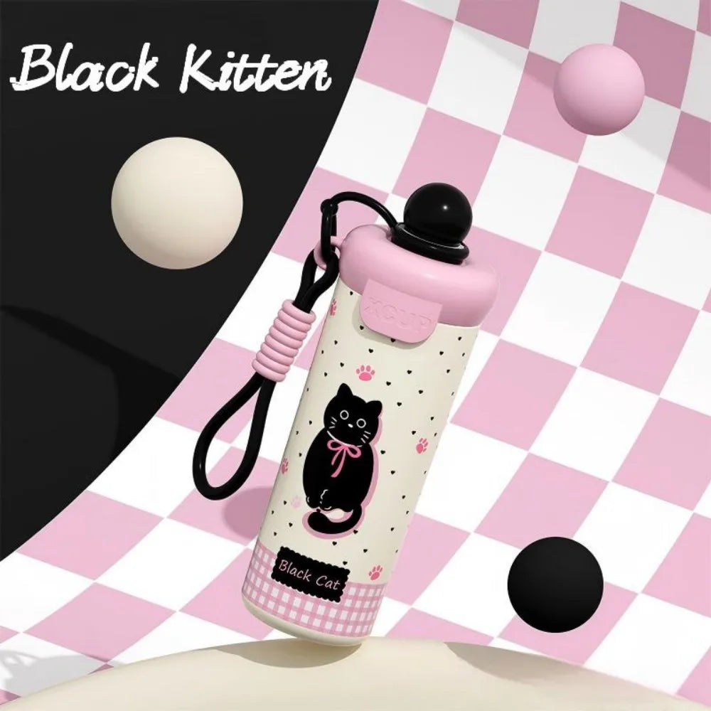 Cute Cat Thermal Water Bottle With Straw Bow Sticker Stainless Steel Thermos For Hot Cold Water Coffee Tea Thermal Cup 600ml