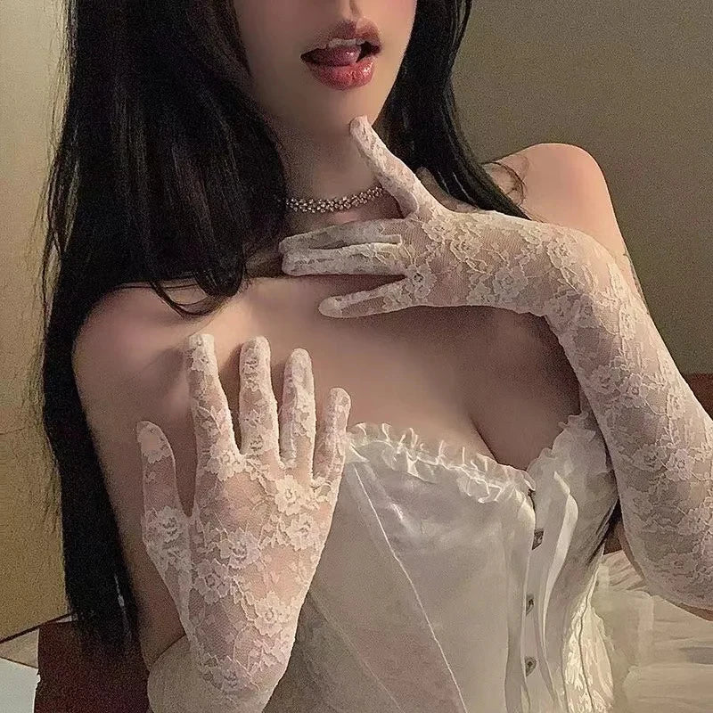 Mesh Fishnet Bowknot Long Gloves for Women Lace Ruffle Fingerless Gloves Mittens JK Lolita Kawaii White Gloves UV Protection