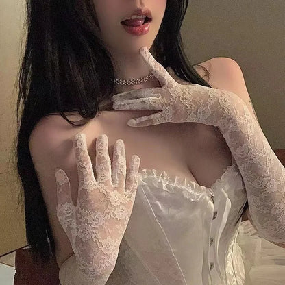 Mesh Fishnet Bowknot Long Gloves for Women Lace Ruffle Fingerless Gloves Mittens JK Lolita Kawaii White Gloves UV Protection
