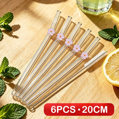 6PCS Reusable Drinking Straws Cute Flower Glass Straws with Cleaning Brush for Coffee Lover Smoothies Frozen Drinks Tea Juice