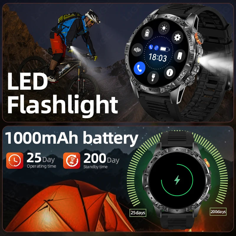 LIGE Nowy wojskowy do T-Rex 3 Ultra Smart Watch Bateria 1000 mAh Wodoodporny IP68 Kompas Latarka Sportowy monitor Smartwatch Mężczyźni