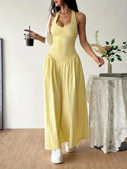2026Women Yellow Halter Neck Maxi Dress Sleeveless V-Neck Backless A-Line Long Dress Casual Summer Elegant Beach Party Dresses