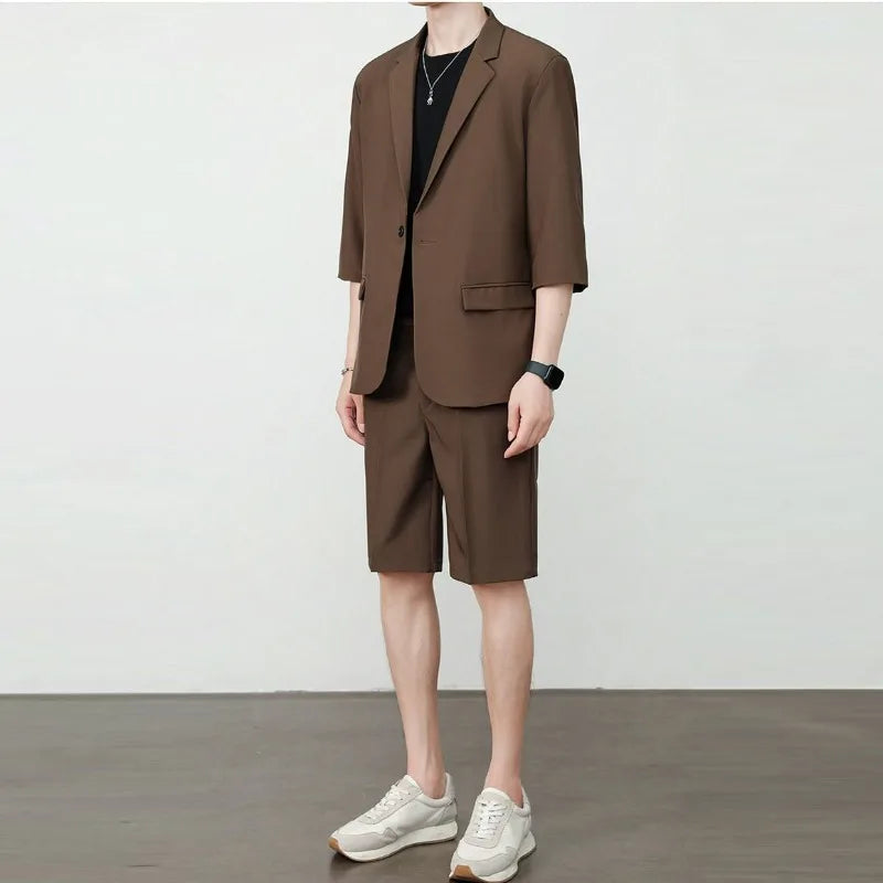 KIDWHXR Summer Men Outfit Thin Breathable Solid Color Male 2-piece Suit Set Loose Business Casual Man Short Sleeve Suits