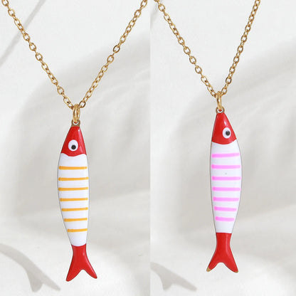 Cute Colorful Enamel Fish Pendant Necklaces For Women Girls Lovely Stainless Steel Gold Color Summer Waterproof Beach Jewelry