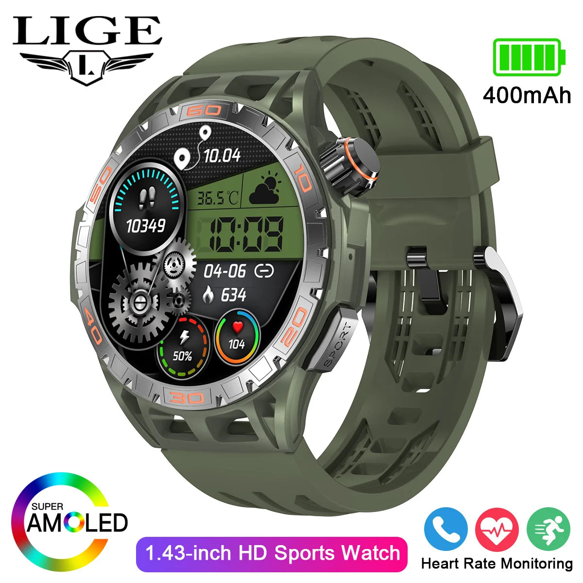 LIGE 2026 Zewnętrzny Smartwatch Męski 2.01" Ekran IP68 Wodoodporne Zegarki Wytrzymały Wojskowy Bluetooth Połączenia Smartwatch dla Androida i iOS