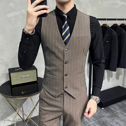 Slim Fit Double-breasted Striped Suit Vest Trousers 3-Piece Set Korean Fashion M-7XL Men's Fashionable Striped Three-piece Suit