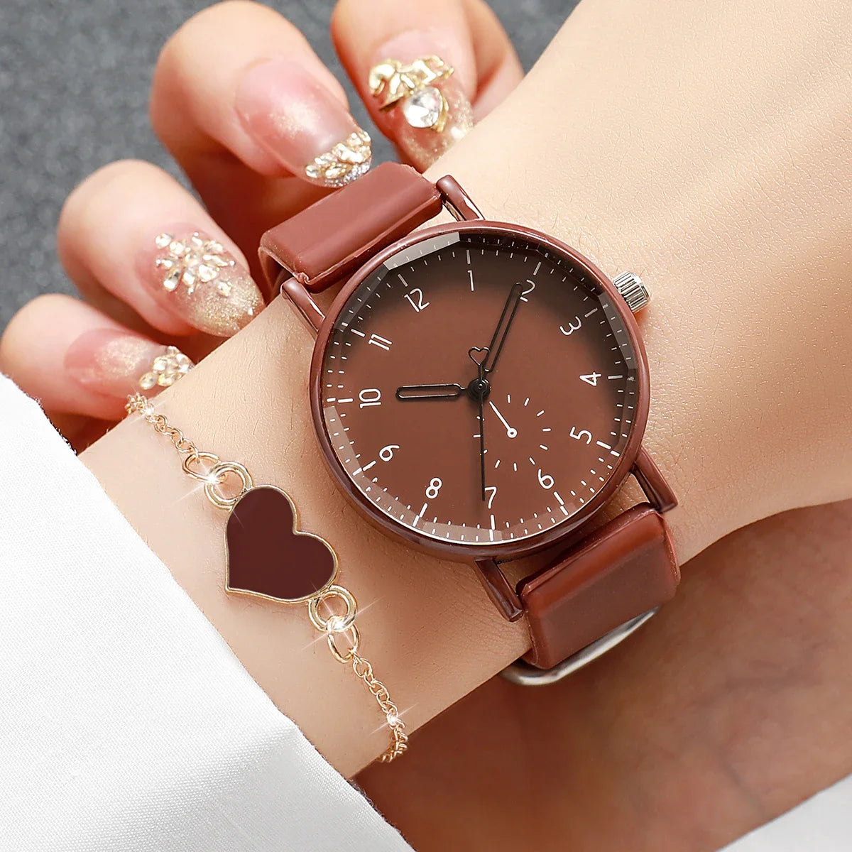 2PCS/Set Fashion Women Watches Casual Arabic Dial  Silicone Band Quartz Wristwatch Heart Bracelet Set Reloj Mujer (Without Box)
