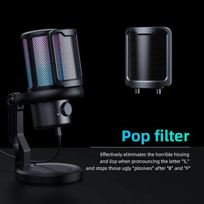 USB Microphone for PC RGB Gaming Microphone with Headphone Output And Touch-Mute Button Noise Cancellation for Recording Streami
