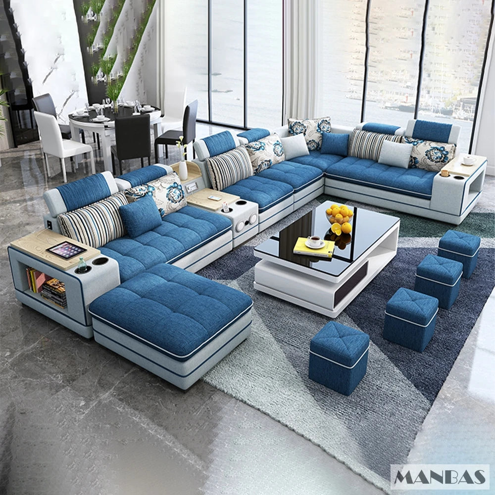 Modern U-Shaped Fabric Couch with Stools, Sectional Sofa Set with Storage Console & Cup Holder, Modular Corner Sofa with Pillows