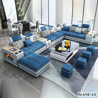 Modern U-Shaped Fabric Couch with Stools, Sectional Sofa Set with Storage Console & Cup Holder, Modular Corner Sofa with Pillows