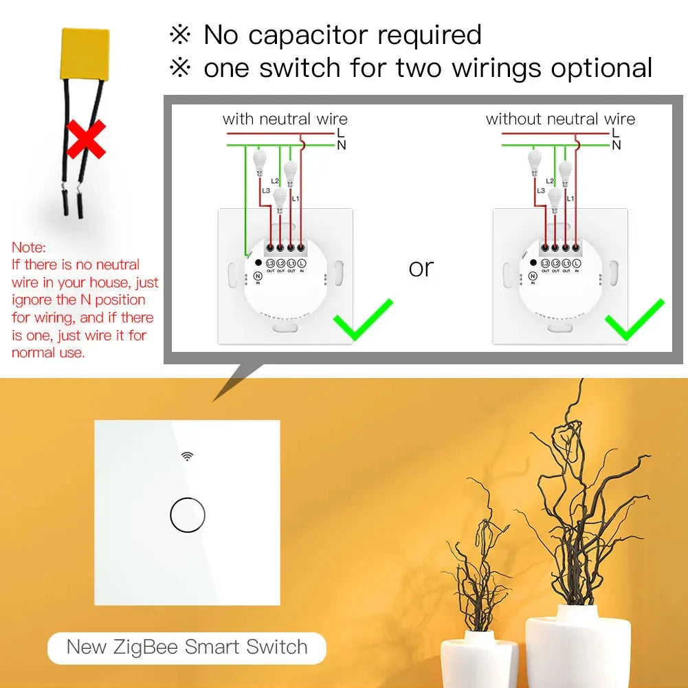 Tuya Wifi/Zigbee RF433 EU Smart Wall Switch 1/2/3/4 Gang Touch Sensor Button No-Neutral Wire,Voice With Alexa Google Home