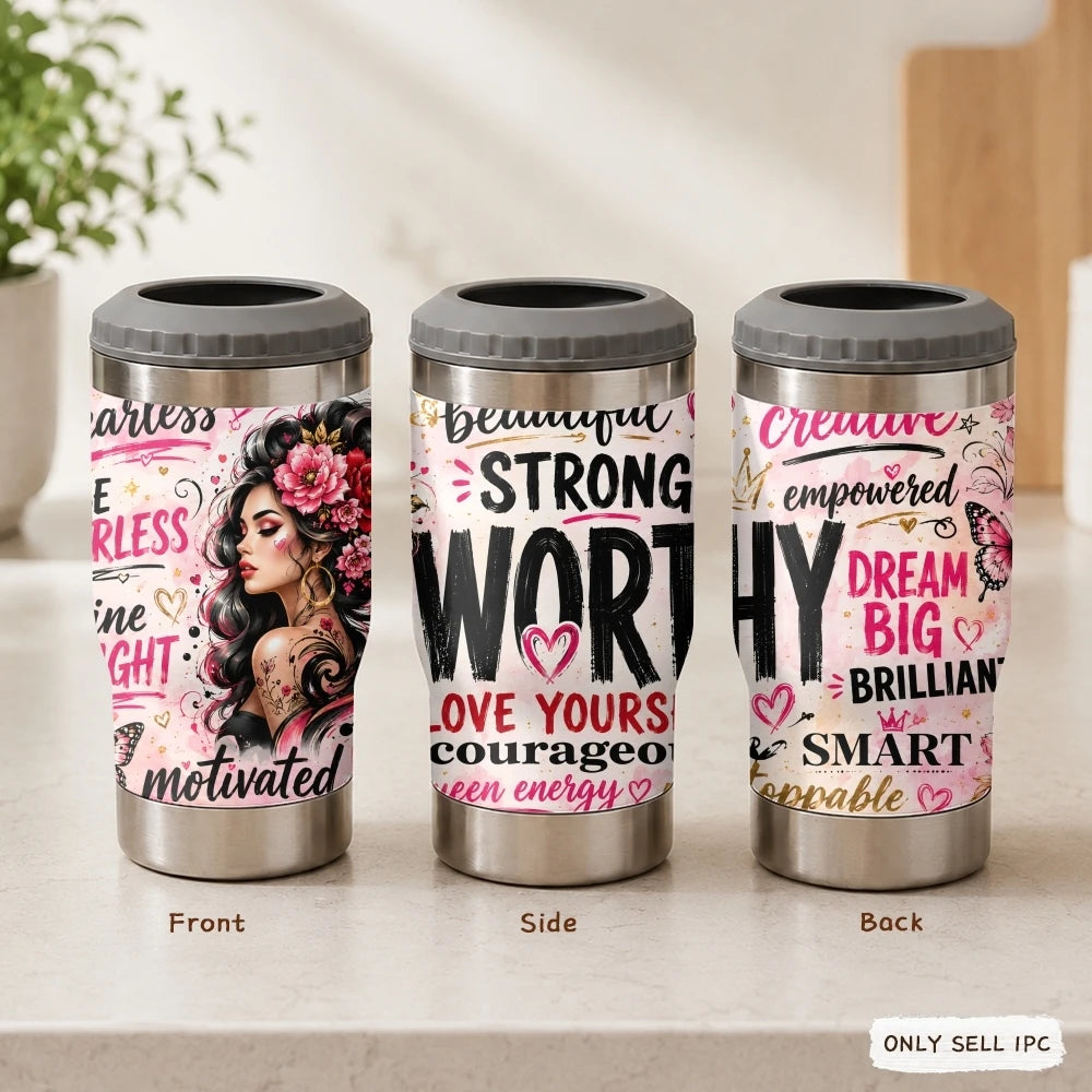 COOL Woman Motivational Vacuum Flasks 4-in-1 Stainless Steel Can Cooler Insulated Beer Soda Coffee Holder Dual Lids Fits 12oz