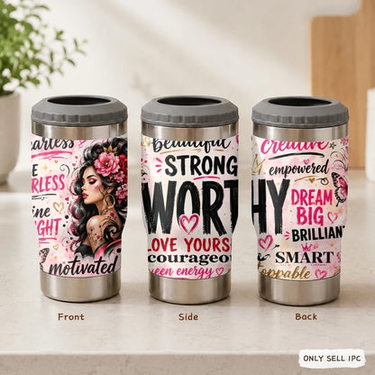 COOL Woman Motivational Vacuum Flasks 4-in-1 Stainless Steel Can Cooler Insulated Beer Soda Coffee Holder Dual Lids Fits 12oz