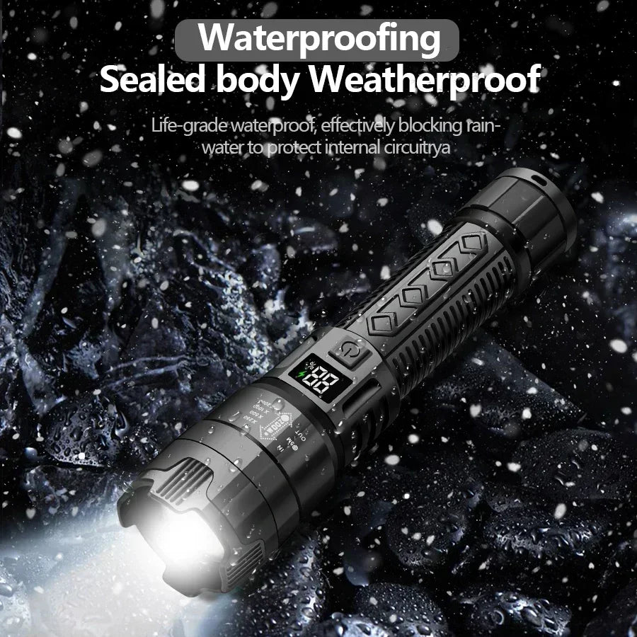 10000LM High Power LED Flashlight Long-range USB C Rechargeable Flashlight Power Display Zoom Lantern For Outdoor Camping Torch