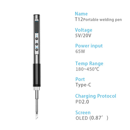 PTS100 T12 Soldering Iron Type-C Powered, PD Fast Charge, 65W High Power, Full Metal CNC Body, Adjustable Temperature