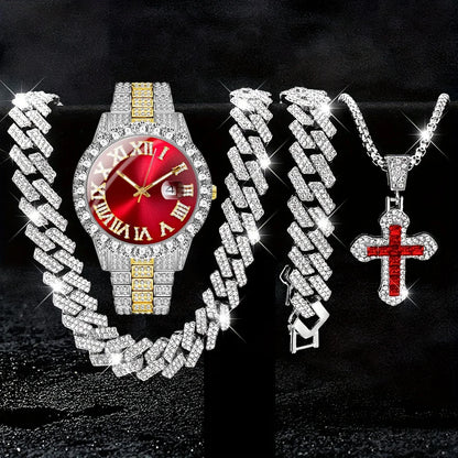 4pcs/set, Business Luxury Men's Rhinestone Watch Jewelry Set, Classic Silvery Men Quartz Calendar Wrist Watch - Gifts for Men,