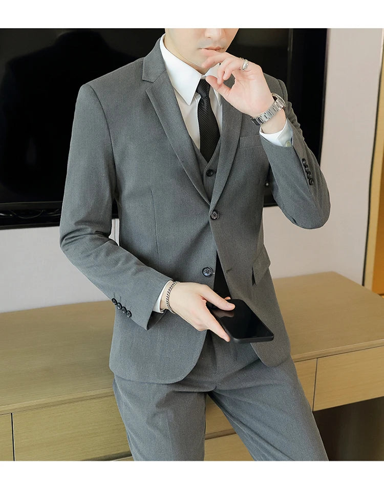 High-End Men's Wedding Suit 3-Piece Set Handsome Banquet Smart Casual Fashionable Three-Quarter Length Vest Trousers Four Season