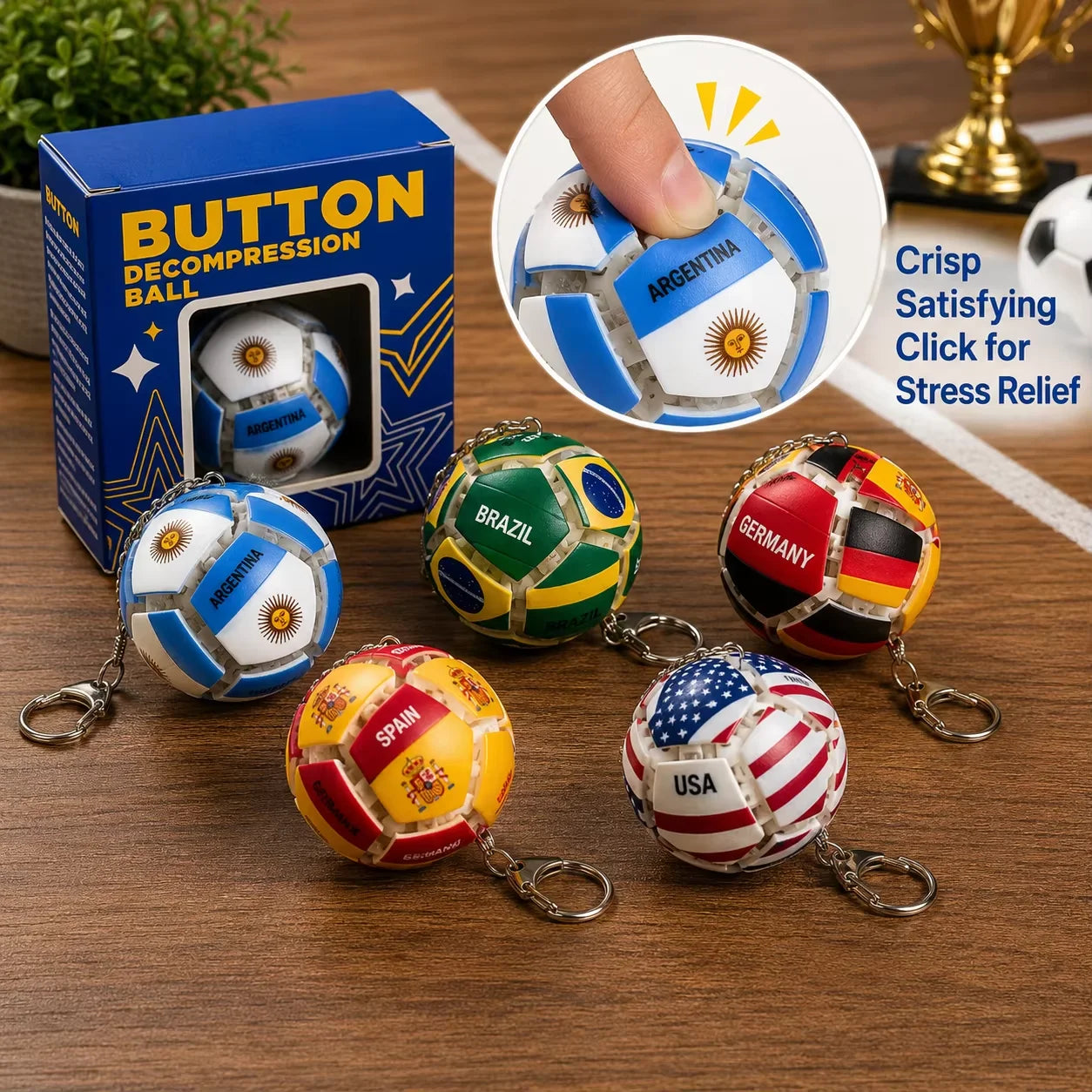 Soccer Keychain Fidget Toy Stress Relief Pendant for Fan Portable Decompression Ball with Gift Box Multi-National Team Souvenir